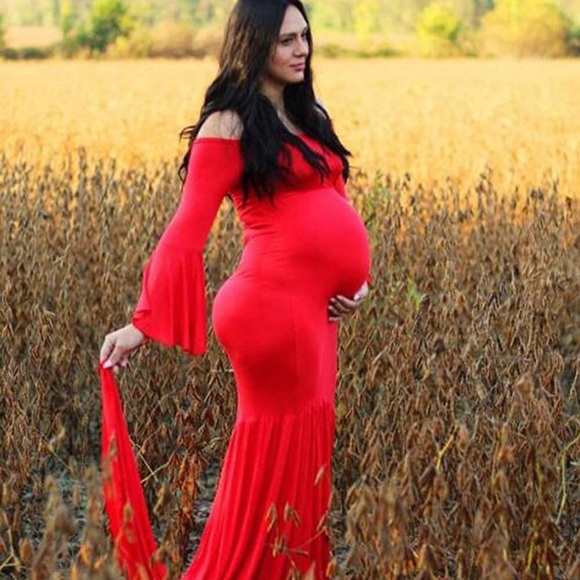 #4 Maternity Retro Off Shoulder Flare Sleeves Mermaid Gown Maxi PhotographyDress - Picture 1 of 13